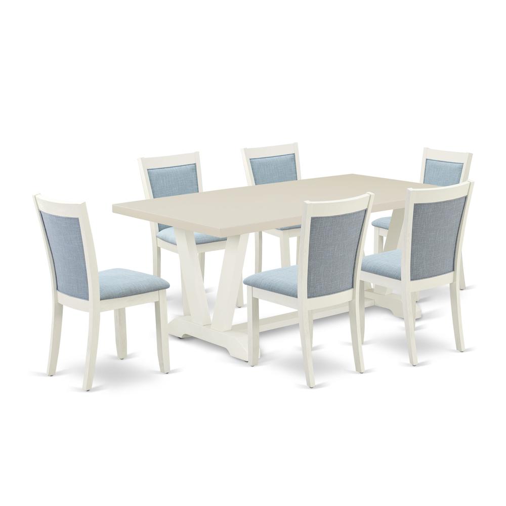 East West Furniture 7-Pc Kitchen Dining Table Set Includes a Dinning Table and 6 Baby Blue Linen Fabric Dining Chairs with Stylish Back - Wire Brushed Linen White Finish. Picture 1