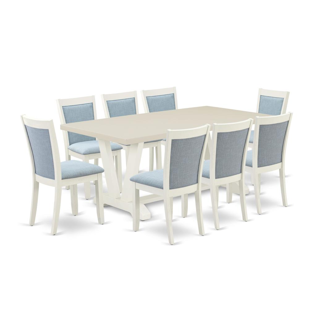 East West Furniture 9-Pc Dining Room Table Set Includes a Rectangular Table and 8 Baby Blue Linen Fabric Dining Chairs with Stylish Back - Wire Brushed Linen White Finish. Picture 1