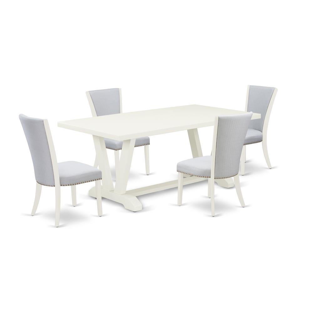 East West Furniture 5-Pc Dining Table Set Consists of 4 Modern Chairs with Upholstered Seat and Stylish Back-Rectangular Dining Table - Linen White and Wirebrushed Linen White Finish. Picture 1