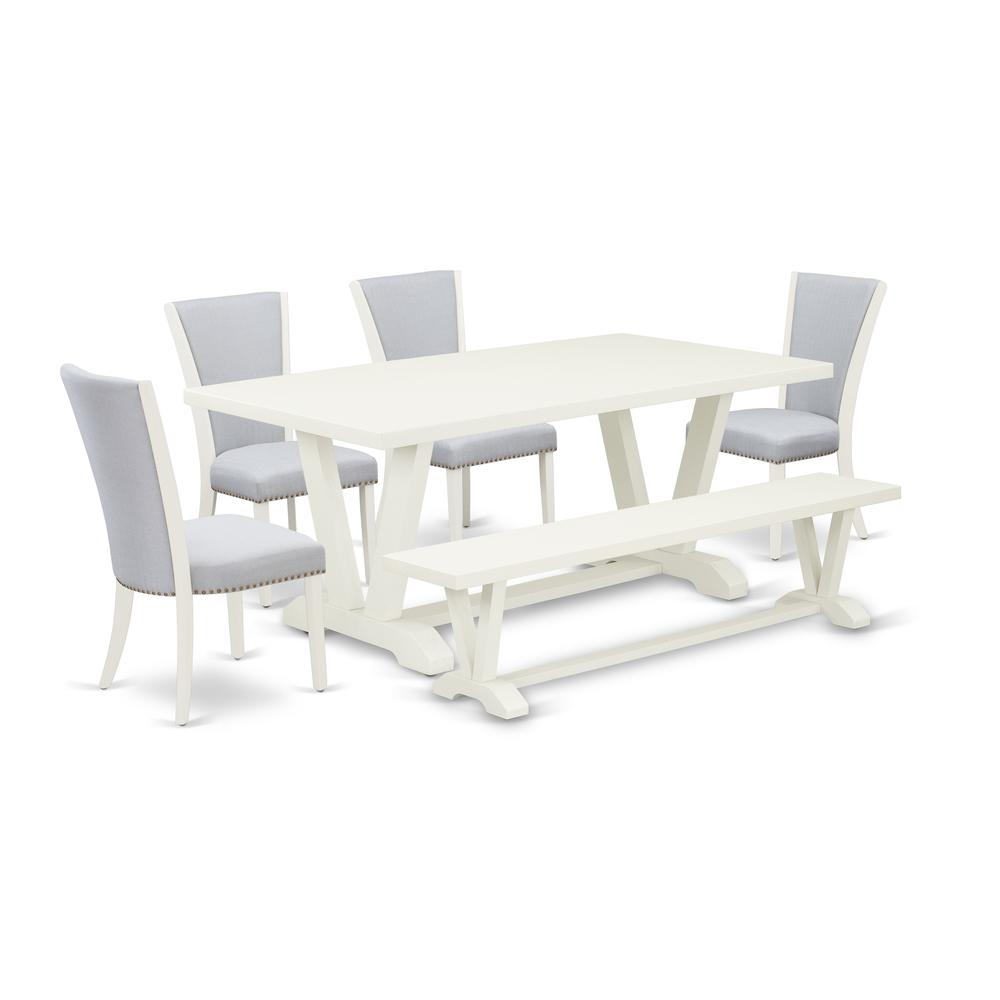 East West Furniture V027VE005-6 6 Piece Dining Room Table Set - Linen White Dining Table, 1 Dining Room Bench and 4 Grey Linen Fabric Kitchen Chairs with Nailheads - Wire Brushed Linen White Finish. Picture 1