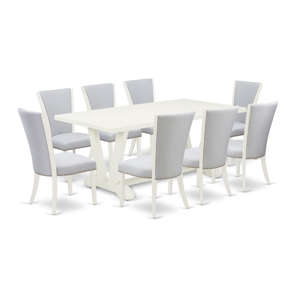 East West Furniture 9-Piece Kitchen Table Set Consists of 8 Mid Century Chairs with Upholstered Seat and Stylish Back-Rectangular Dining Room Table - Linen White and Wirebrushed Linen White Finish. Picture 1
