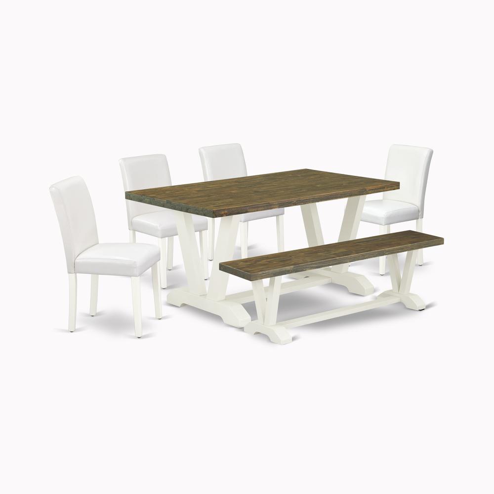 East West Furniture V076AB264-6 6-Piece Gorgeous Rectangular Table Set an Excellent Distressed Jacobean Wood Table Top and Distressed Jacobean Kitchen Bench and 4 Stunning Pu Leather Padded Chairs wit. Picture 3
