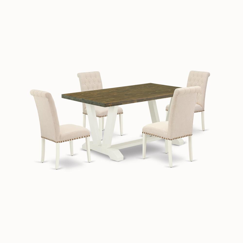East West Furniture V076BR202-5 5-Piece Stylish Dinette Set an Excellent Distressed Jacobean Kitchen Table Top and 4 Lovely Linen Fabric Kitchen Parson Chairs with Nail Heads and Button Tufted Chair B. Picture 3