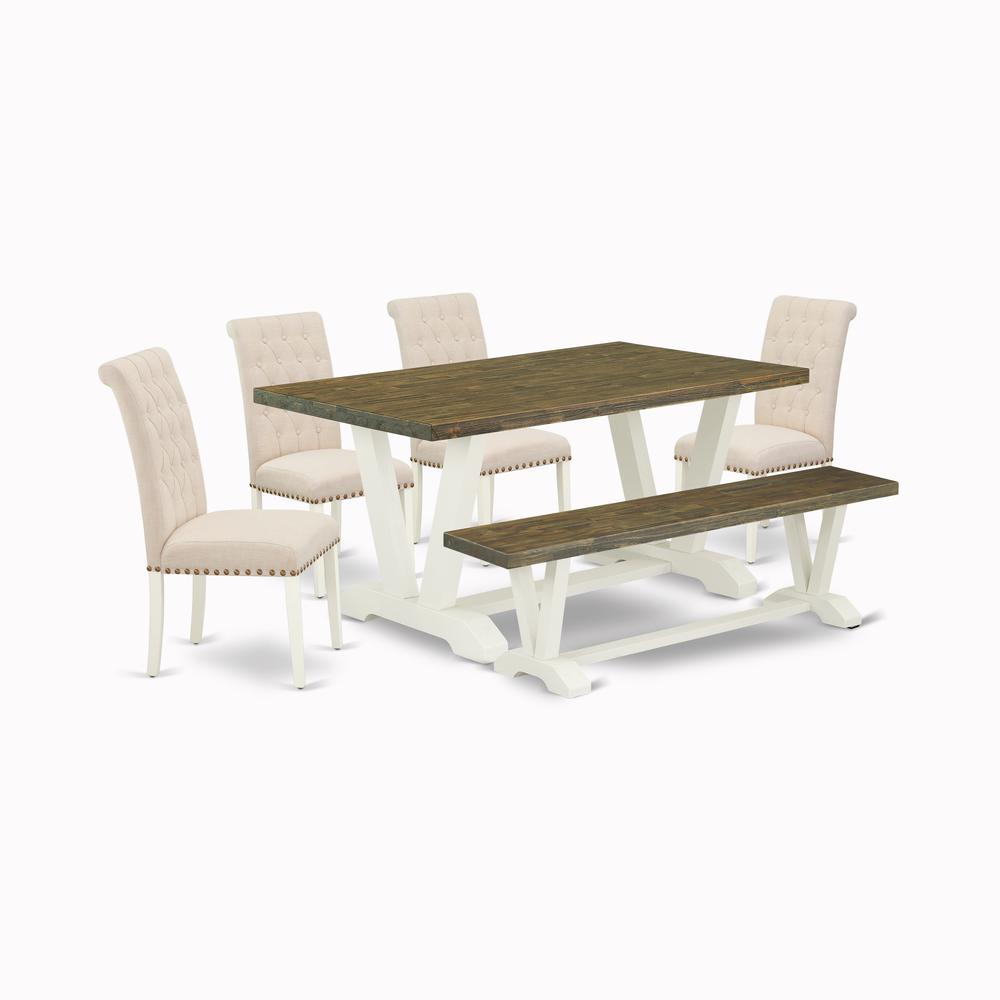 East West Furniture V076BR202-6 6-Piece Fashionable Modern Dining Table Set a Superb Distressed Jacobean dining table Top and Distressed Jacobean Wood Bench and 4 Beautiful Linen Fabric Parson Dining. Picture 3