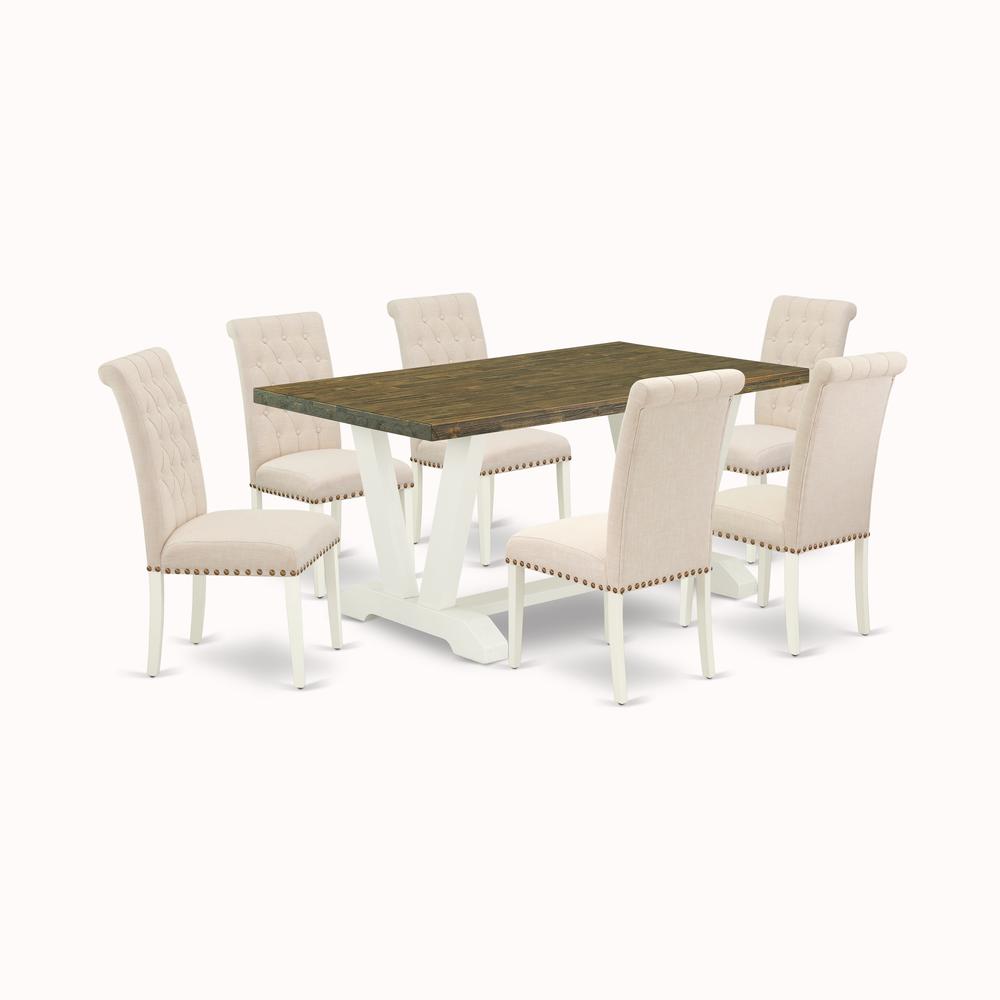East West Furniture V076BR202-7 7-Piece Fashionable Rectangular Table Set a Great Distressed Jacobean Dining Table Top and 6 Stunning Linen Fabric Kitchen Chairs with Nail Heads and Button Tufted Chai. Picture 3
