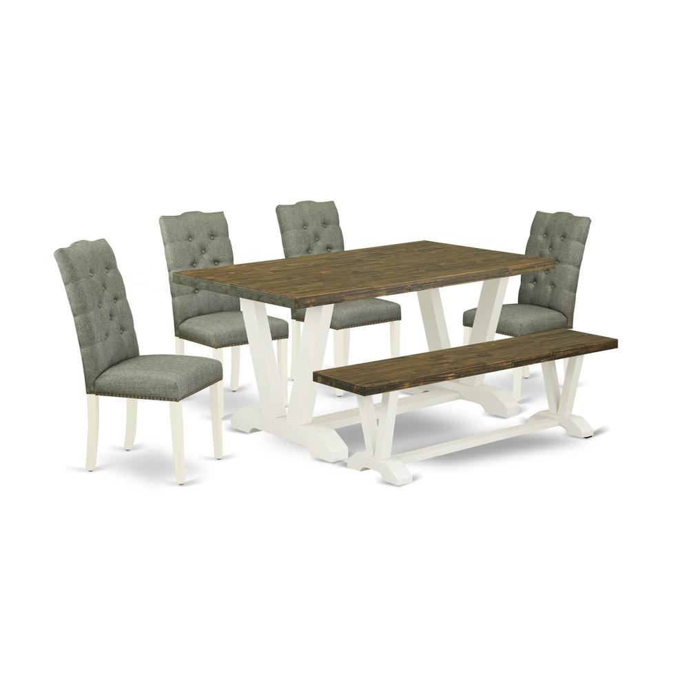 East West Furniture V076EL207-6 6-Piece Dining Table Set- 4 Parson Dining Chairs with Smoke Linen Fabric Seat and Button Tufted Chair Back - Rectangular Top & Wooden Legs Wood Dining Table and Wooden. Picture 1