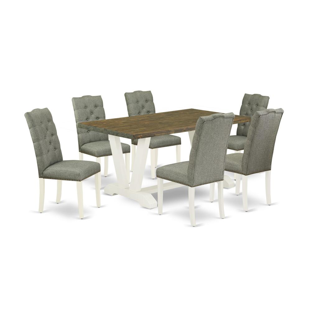 East West Furniture V076EL207-7 7-Pc Dining Table Set- 6 Dining Padded Chairs with Smoke Linen Fabric Seat and Button Tufted Chair Back - Rectangular Table Top & Wooden Legs - Distressed Jacobean and. Picture 1