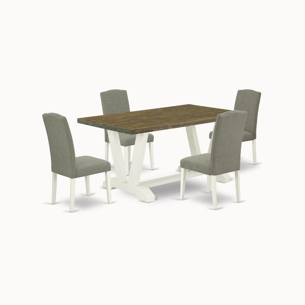East West Furniture V076EN206-5 5-Piece Modern Kitchen Table Set an Outstanding Distressed Jacobean Wood Dining Table Top and 4 Attractive Linen Fabric Padded Parson Chairs with Nail Heads and Stylish. Picture 3