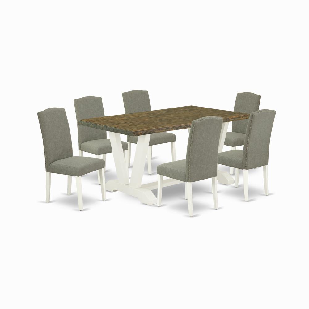East West Furniture V076EN206-7 7-Piece Fashionable Dining Set a Great Distressed Jacobean Kitchen Table Top and 6 Attractive Linen Fabric Dining Room Chairs with Nail Heads and Stylish Chair Back, Li. Picture 1