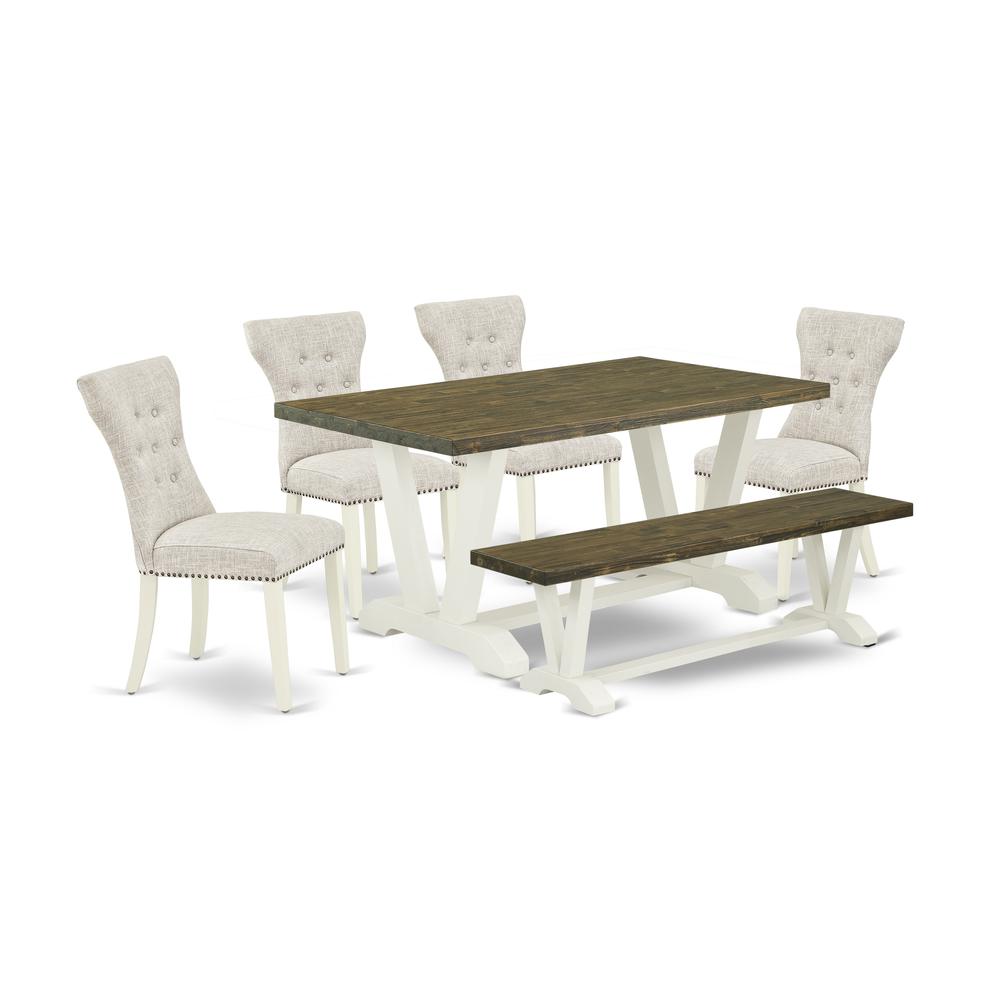East West Furniture 6-Piece kitchen table set-Doeskin Linen Fabric Seat and Button Tufted Chair Back Parson chairs, A Rectangular Bench and Rectangular Top Dining Table with Wood Legs - Distressed Jac. Picture 1