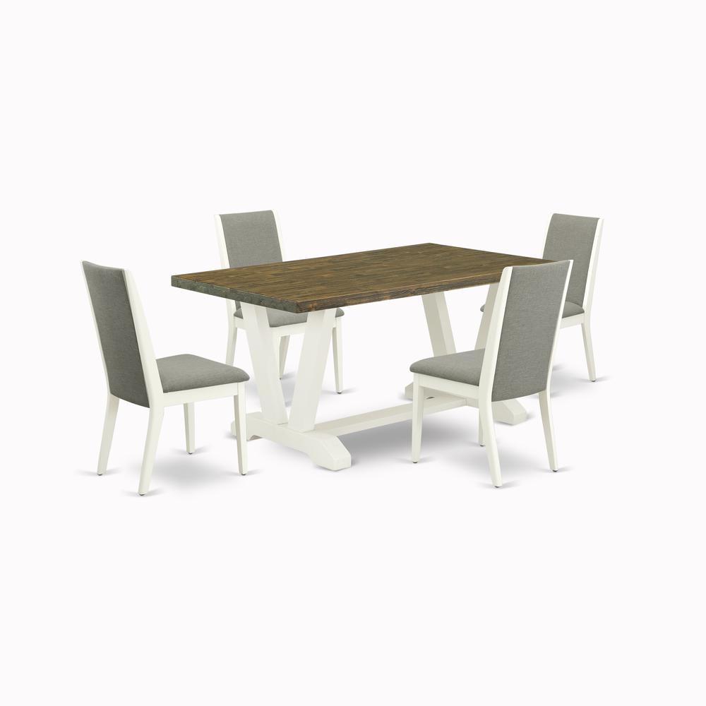 East West Furniture V076LA206-5 5-Pc Fashionable Rectangular Dining Room Table Set an Excellent Distressed Jacobean Color Dining Room Table Top and 4 Excellent Linen Fabric Kitchen Chairs with Stylish. Picture 3