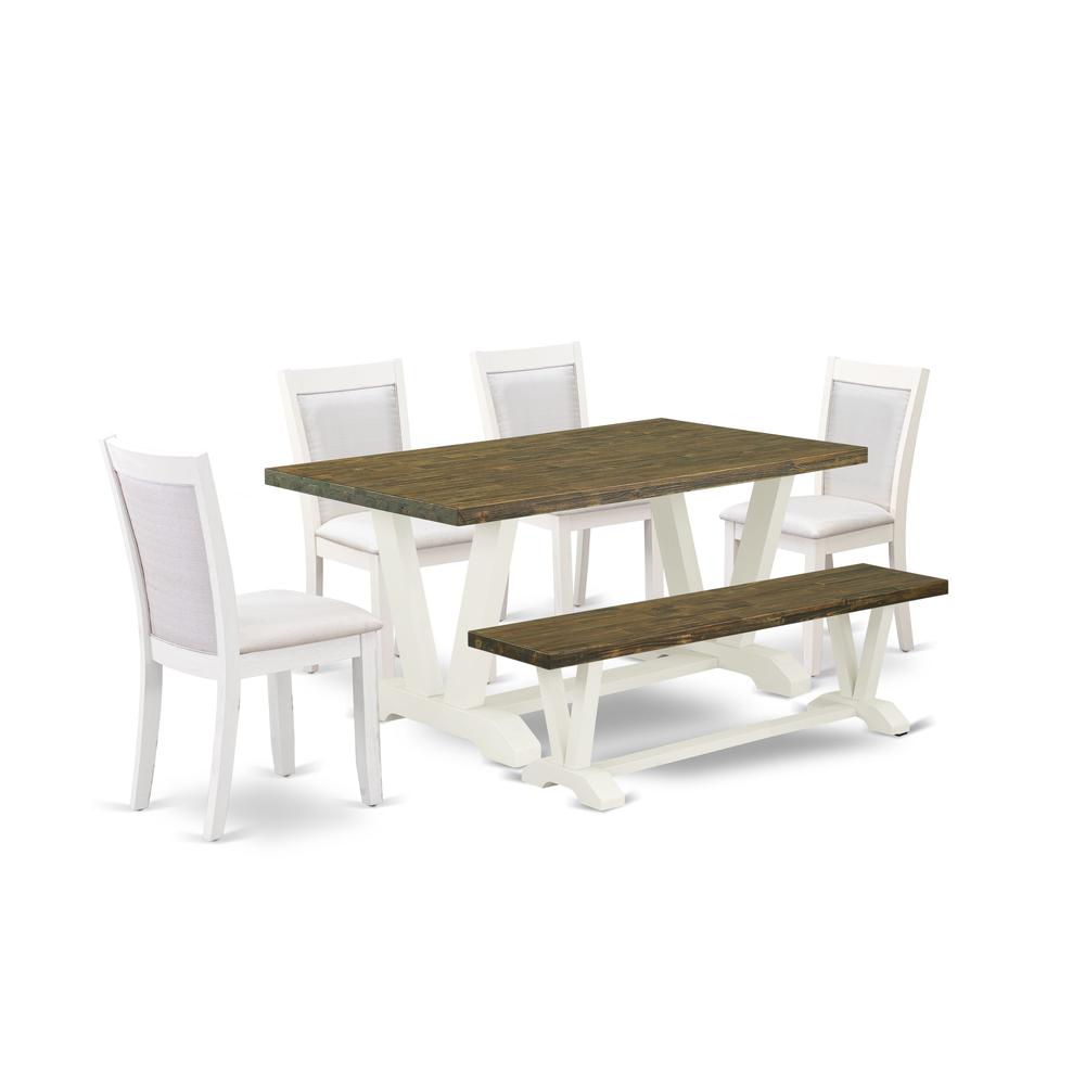 V076MZ001-6 6-Pc Table Set Consists of a Dining Table - 4 Cream Parson Chairs and a Small Bench - Wire Brushed Linen White Finish. Picture 1