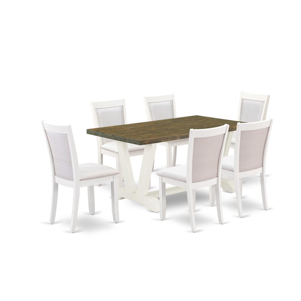 V076MZ001-7 7-Piece Dining Room Table Set Consists of a Wooden Table and 6 Cream Dinner Chairs - Wire Brushed Linen White Finish. Picture 1
