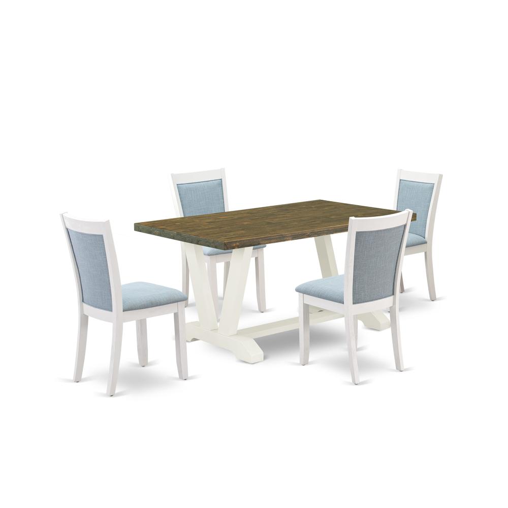 V076MZ015-5 5-Piece Modern Dining Set Consists of a Dining Table and 4 Baby Blue Parson Chairs - Wire Brushed Linen White Finish. Picture 1