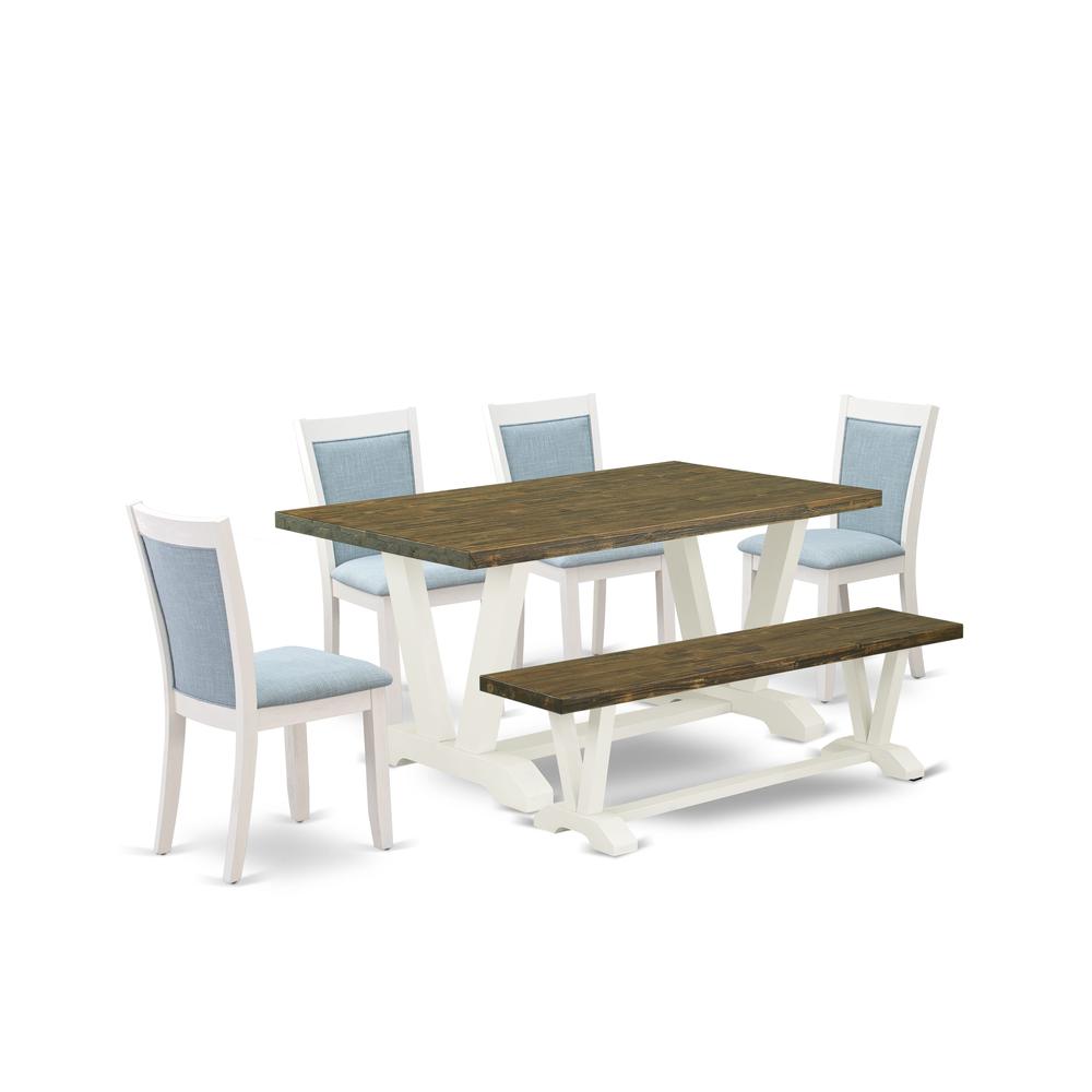 V076MZ015-6 6-Pc Dining Set Consists of a Wood Table - 4 Baby Blue Parson Chairs and a Bench - Wire Brushed Linen White Finish. Picture 1