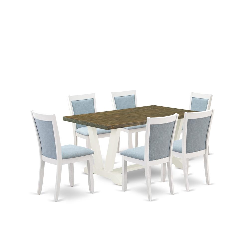 V076MZ015-7 7-Piece Dinner Table Set Consists of a Wooden Table and 6 Baby Blue Dining Chairs - Wire Brushed Linen White Finish. Picture 1
