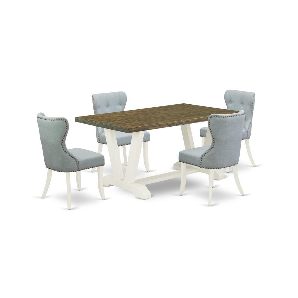 East West Furniture V076SI215-5 5-Piece Dining Table Set- 4 Upholstered Dining Chairs with Baby Blue Linen Fabric Seat and Button Tufted Chair Back - Rectangular Table Top & Wooden Legs - Distressed J. Picture 1