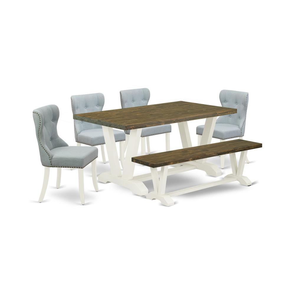 East West Furniture V076SI215-6 6-Piece Dining Room Set- 4 Upholstered Dining Chairs with Baby Blue Linen Fabric Seat and Button Tufted Chair Back - Rectangular Top & Wooden Legs Dining Table and Indo. Picture 1