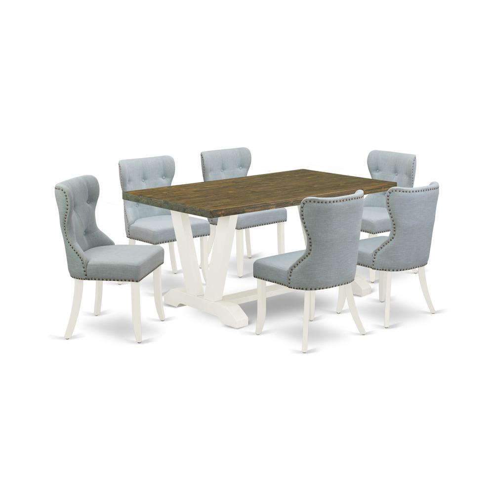 East West Furniture V076SI215-7 7-Piece Dining Set- 6 Kitchen Parson Chairs with Baby Blue Linen Fabric Seat and Button Tufted Chair Back - Rectangular Table Top & Wooden Legs - Distressed Jacobean an. Picture 1