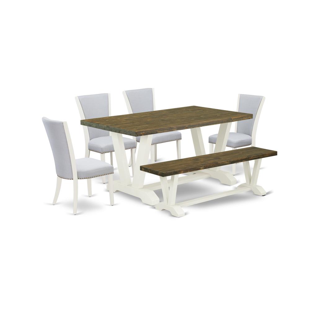 East West Furniture V076VE005-6 6 Piece Mid Century Dining Set - 4 Grey Linen Fabric Dinning Chairs with Nailheads and Distressed Jacobean Wooden Table - 1 Modern Bench - Wire brushed Linen White Fini. Picture 1