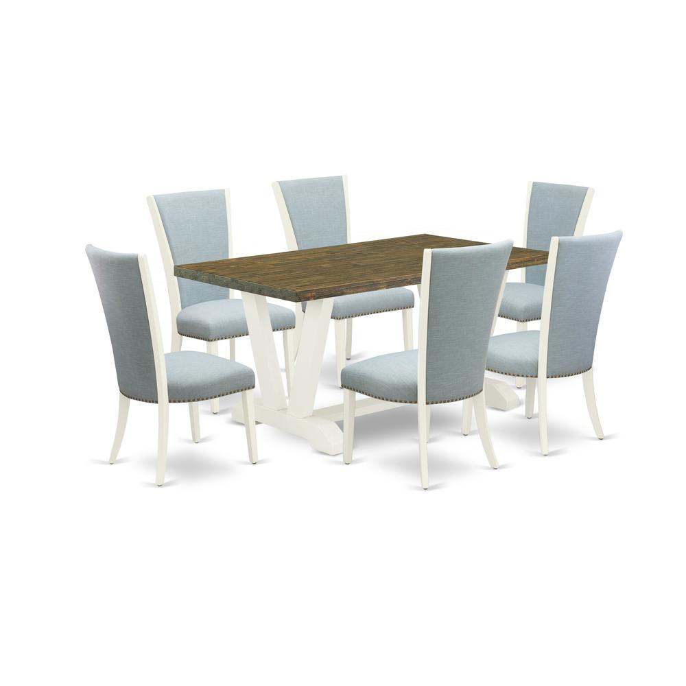East West Furniture V076VE215-7 7 Piece Dining Room Set - 6 Baby Blue Linen Fabric Kitchen Chair with Nailheads and Distressed Jacobean Dining Table - Linen White Finish. Picture 1