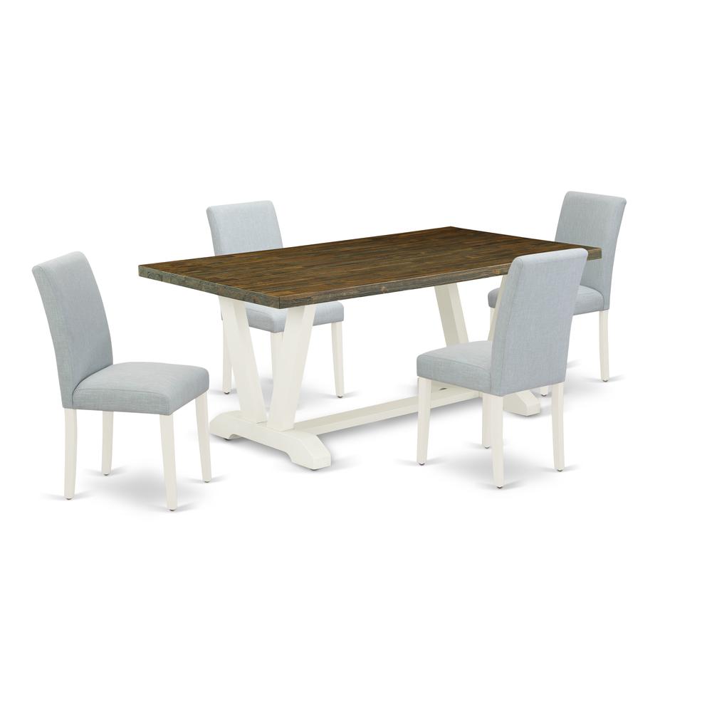 East West Furniture 5-Piece Dining Room Set Includes 4 Upholstered Chairs with Upholstered Seat and High Back and a Rectangular Dining Room Table - Linen White Finish. Picture 1