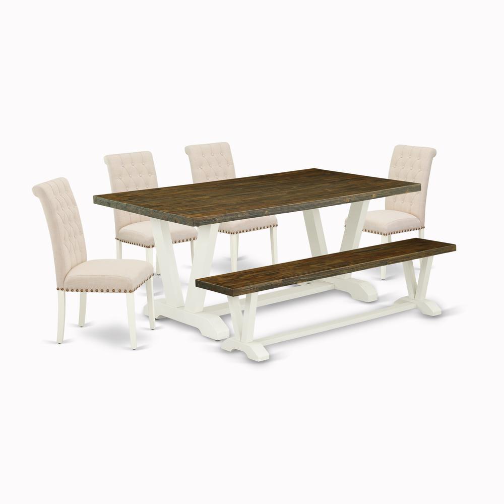 East West Furniture V077BR202-6 6-Piece Modern Dining Set an Outstanding Distressed Jacobean Wood Table Top and Distressed Jacobean Wood Bench and 4 Beautiful Linen Fabric Parson Chairs with Nail Head. Picture 3