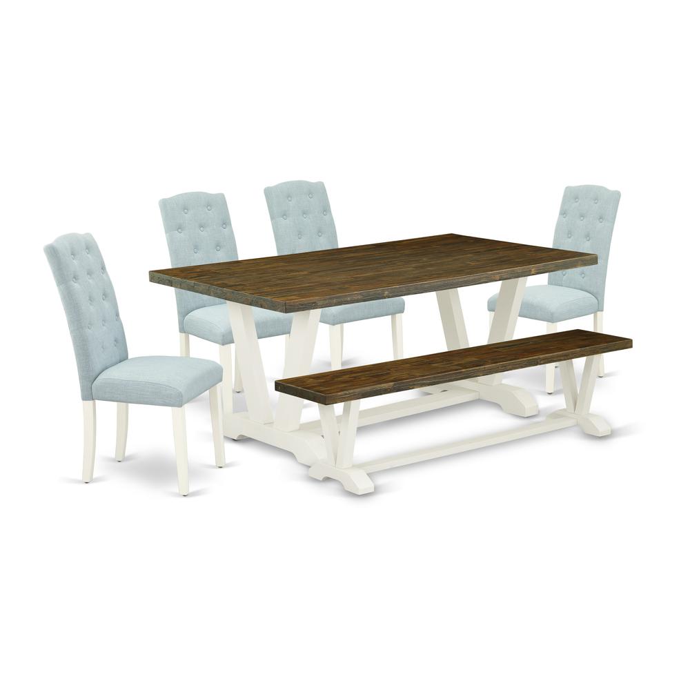 East West Furniture V077CE215-6 6-Piece Dining Room Table Set- 4 Upholstered Dining Chairs with Baby Blue Linen Fabric Seat and Button Tufted Chair Back - Rectangular Top & Wooden Legs Dining Room Tab. Picture 1