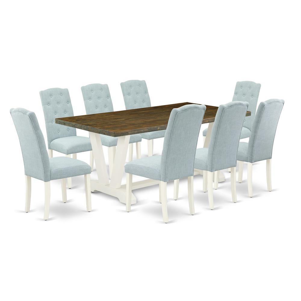 East West Furniture V077CE215-9 9-Piece Kitchen Dining Room Set-8 Parson Chairs with Baby Blue Linen Fabric Seat and Button Tufted Chair Back - Rectangular Table Top & Wooden Legs - Distressed Jacobea. Picture 1