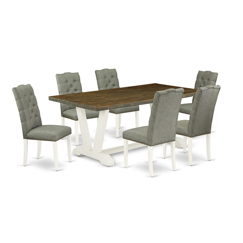East West Furniture V077EL207-7 7-Piece Kitchen Dining Set- 6 Dining Room Chairs with Smoke Linen Fabric Seat and Button Tufted Chair Back - Rectangular Table Top & Wooden Legs - Distressed Jacobean a. Picture 1