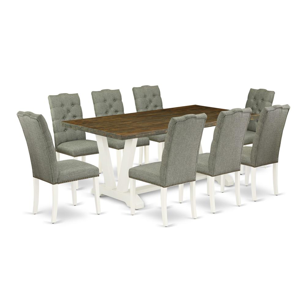 East West Furniture V077EL207-9 9-Piece Dinette Set- 8 Mid Century Dining Chairs with Smoke Linen Fabric Seat and Button Tufted Chair Back - Rectangular Table Top & Wooden Legs - Distressed Jacobean a. Picture 1