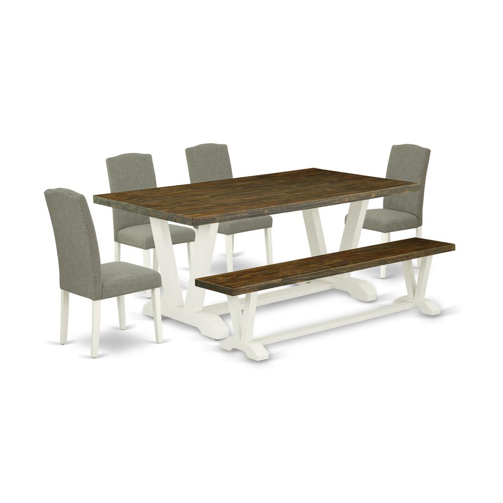 East West Furniture V077EN206-6 6-Piece Stylish Dining Set an Excellent Distressed Jacobean Kitchen Table Top and Distressed Jacobean Wooden Bench and 4 Attractive Linen Fabric Upholstered Dining Chai. Picture 1