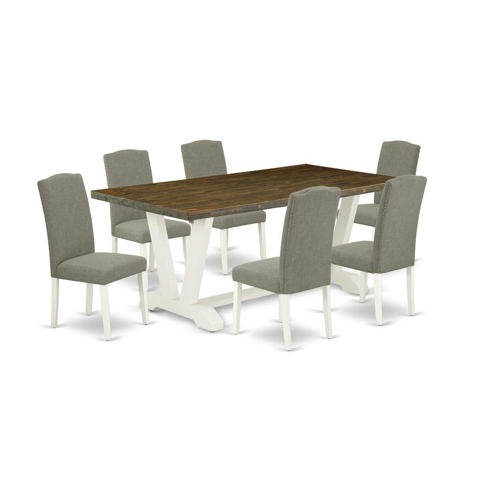 East West Furniture V077EN206-7 7-Piece Gorgeous Dining Set an Outstanding Distressed Jacobean Wood Dining Table Top and 6 Wonderful Linen Fabric Dining Chairs with Nail Heads and Stylish Chair Back,. Picture 1