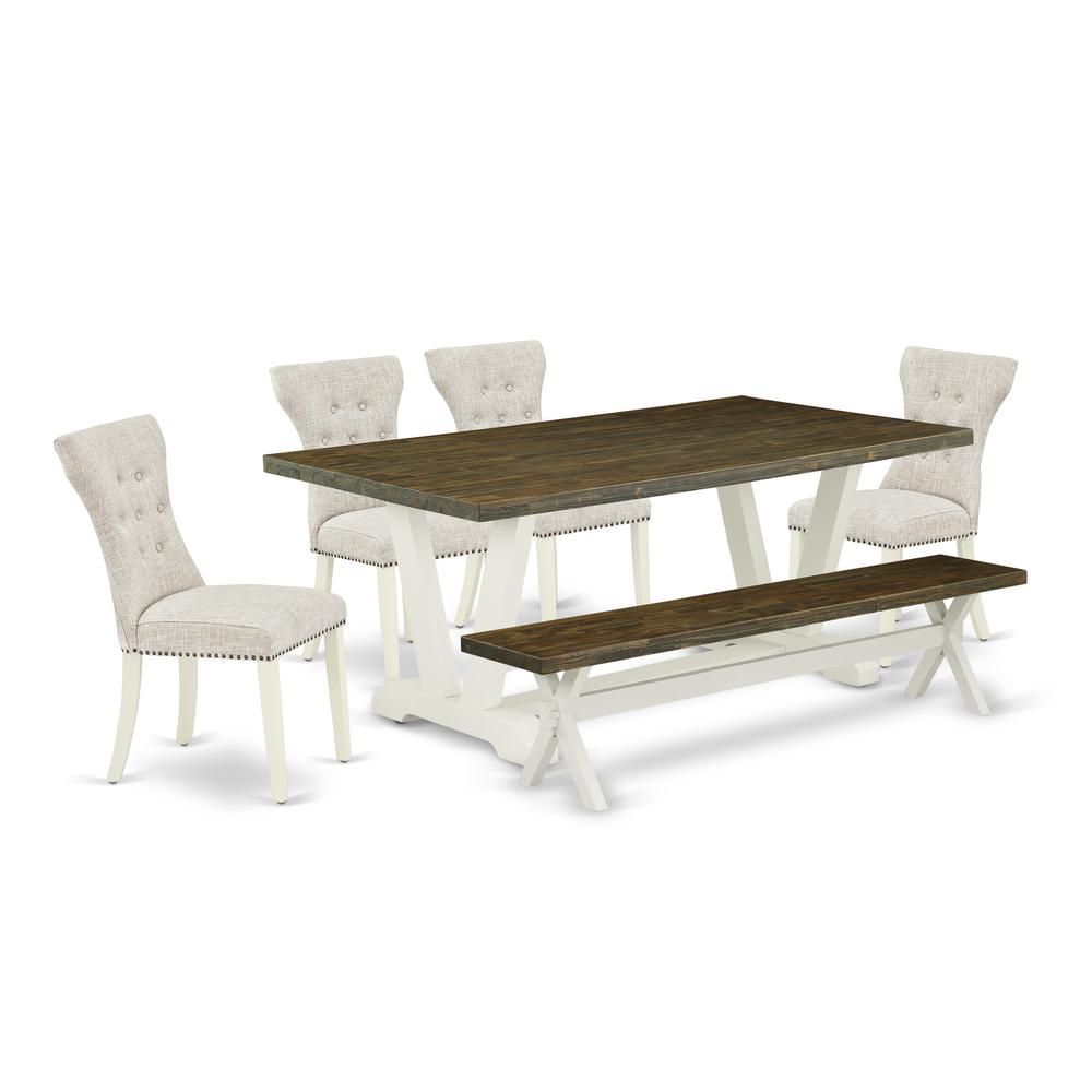 East West Furniture 6-Piece Dinette Room Set- 4 Padded Parson Chairs with Doeskin Linen Fabric Seat and Button Tufted Chair Back - Rectangular Top & Wooden Legs Dining Table and Wooden Bench - Distres. Picture 1