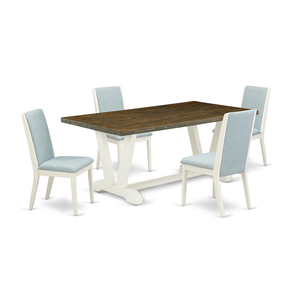 East West Furniture V077LA015-5 5Pc Kitchen Table Set Consists of a Rectangular Table and 4 Parson Dining Chairs with Baby Blue Color Linen Fabric, Medium Size Table with Full Back Chairs, Wirebrushed. Picture 1