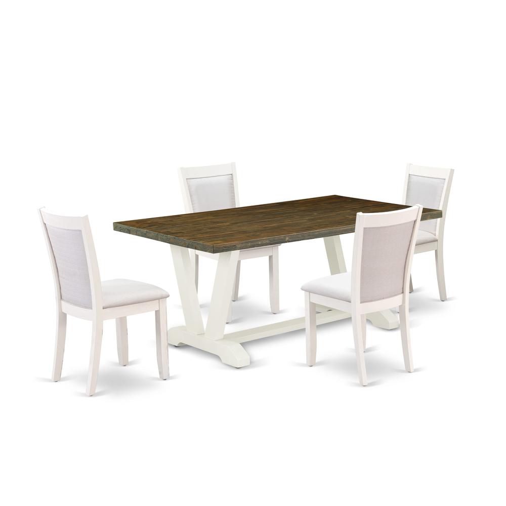 East West Furniture 5-Pc Dinner Table Set Contains a Rectangular Table and 4 Cream Linen Fabric Dining Chairs with Stylish Back - Wire Brushed Linen White Finish. Picture 1