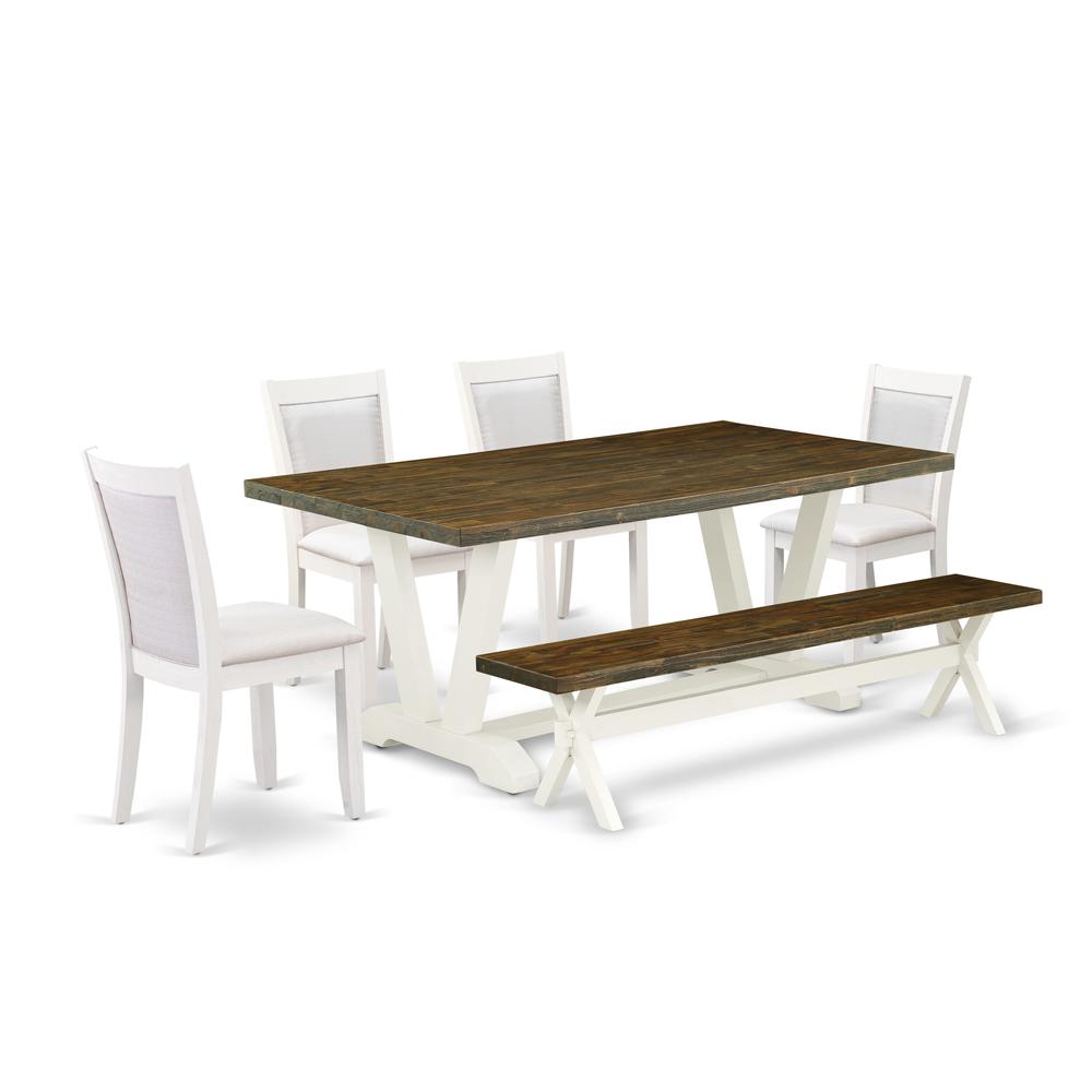 East West Furniture 6-Pc Dinner Table Set Contains a Wood Table - 4 Cream Linen Fabric Dining Chairs with Stylish Back and a Wood Bench - Wire Brushed Linen White Finish. Picture 1