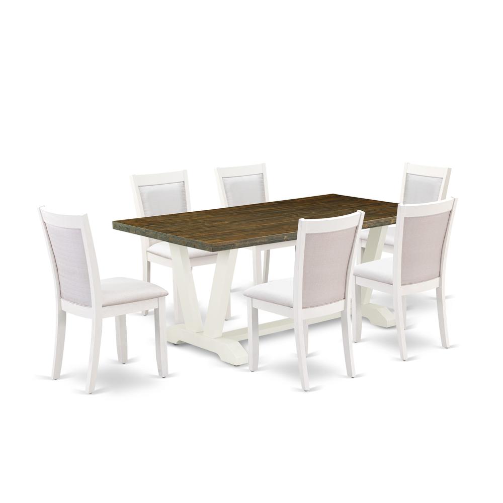 East West Furniture 7-Pc Dinette Set Contains a Wood Dining Table and 6 Cream Linen Fabric Parson Chairs with Stylish Back - Wire Brushed Linen White Finish. Picture 1