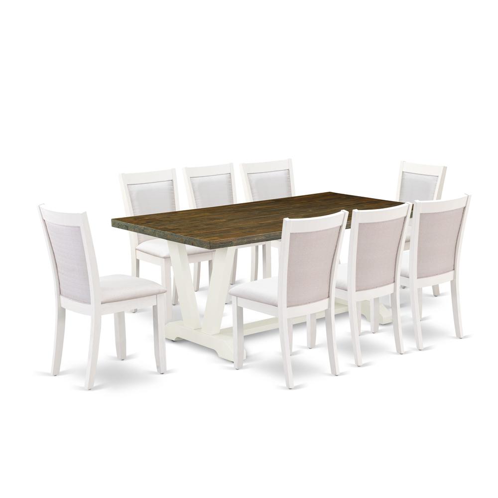 East West Furniture 9-Pc Dining Set Contains a Dining Table and 8 Cream Linen Fabric Dining Room Chairs with Stylish Back - Wire Brushed Linen White Finish. Picture 1