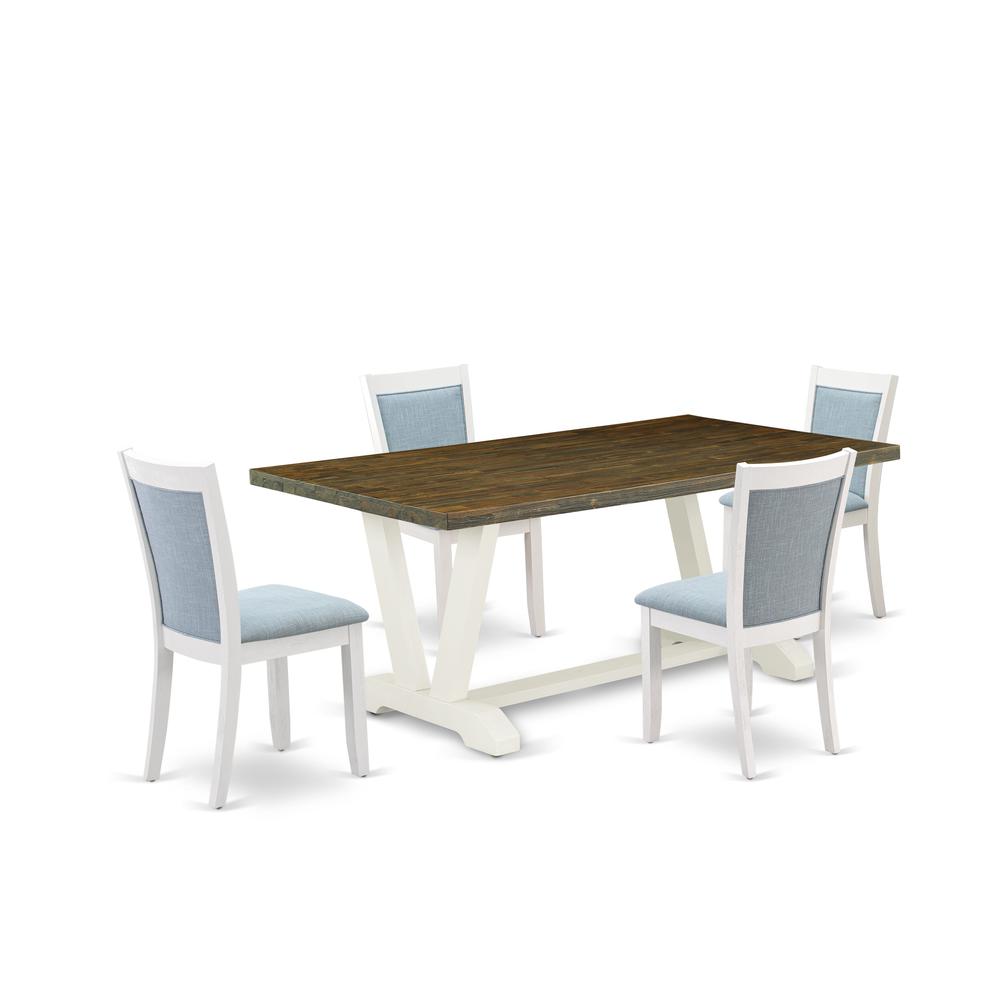 East West Furniture 5-Pc Kitchen Dining Table Set Contains a Dining Table and 4 Baby Blue Linen Fabric Upholstered Chairs with Stylish Back - Wire Brushed Linen White Finish. Picture 1