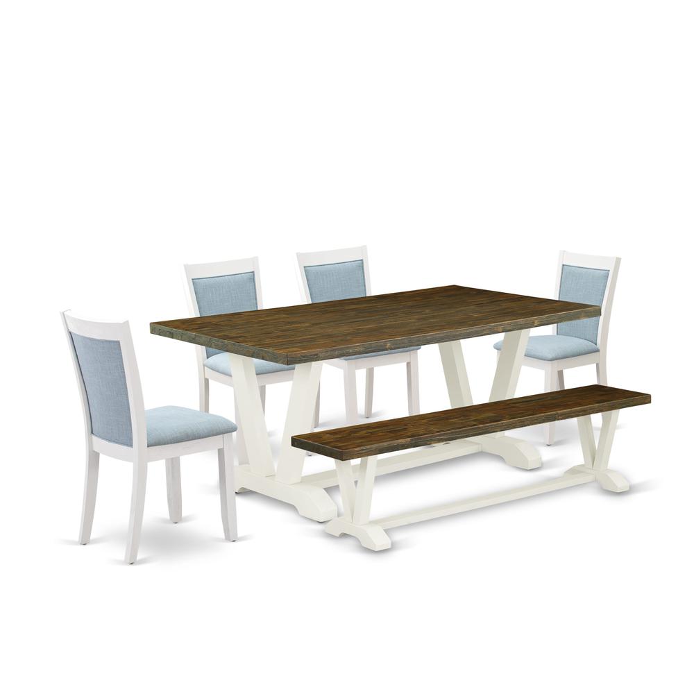 East West Furniture 6-Pc Kitchen Table Set Contains a Wooden Dining Table - 4 Baby Blue Linen Fabric Dining Chairs with Stylish Back and a Wood Bench - Wire Brushed Linen White Finish. Picture 1