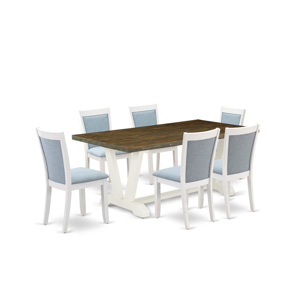 East West Furniture 7-Pc Dining Room Table Set Contains a Dining Table and 6 Baby Blue Linen Fabric Dining Room Chairs with Stylish Back - Wire Brushed Linen White Finish. Picture 1