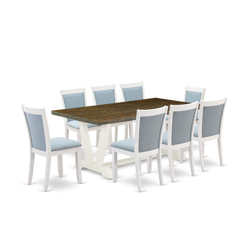 East West Furniture 9-Pc Dining Table Set Contains a Modern Table and 8 Baby Blue Linen Fabric Dining Chairs with Stylish Back - Wire Brushed Linen White Finish. Picture 1
