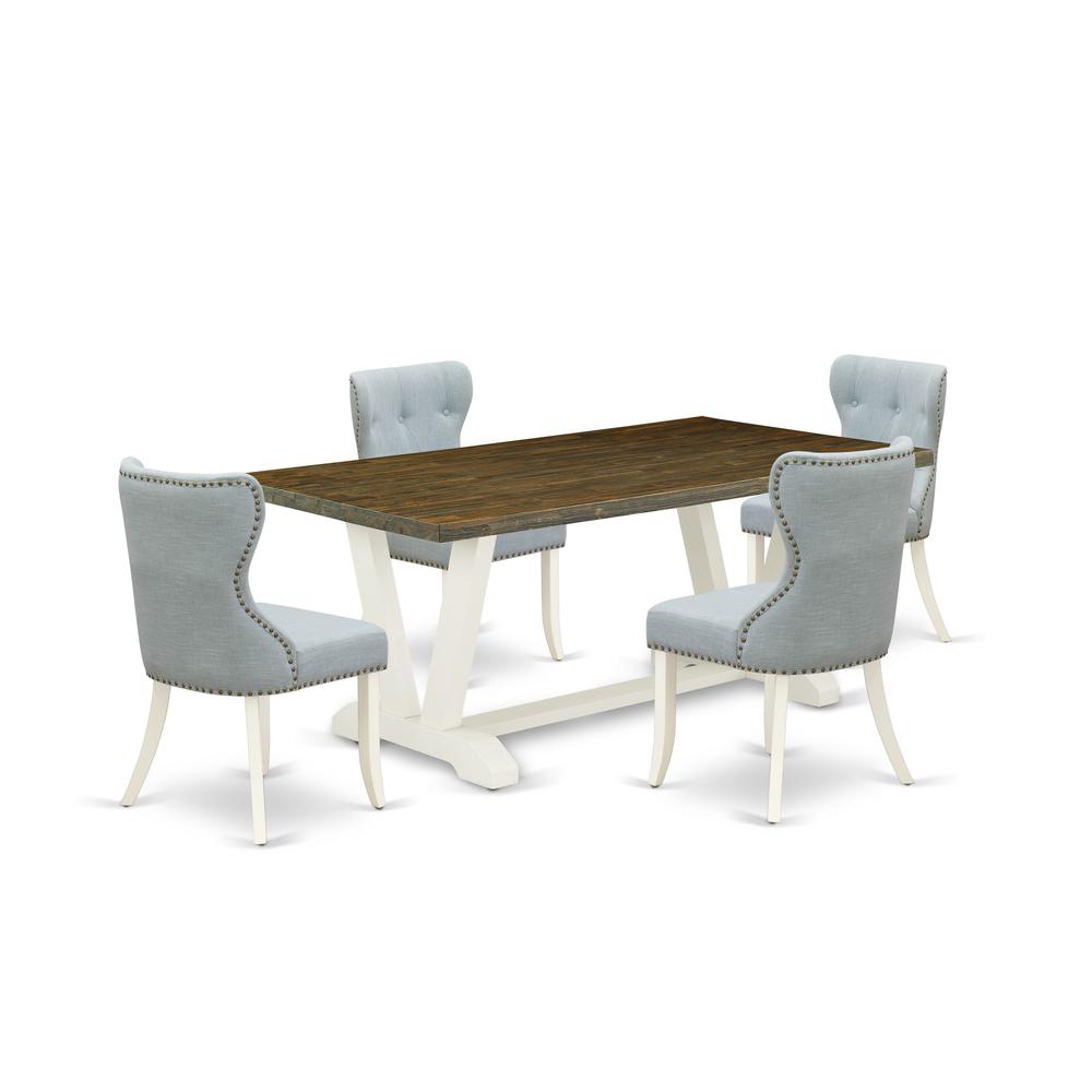 East West Furniture V077SI215-5 5-Piece Modern Dining Set- 4 Dining Padded Chairs with Baby Blue Linen Fabric Seat and Button Tufted Chair Back - Rectangular Table Top & Wooden Legs - Distressed Jacob. Picture 1