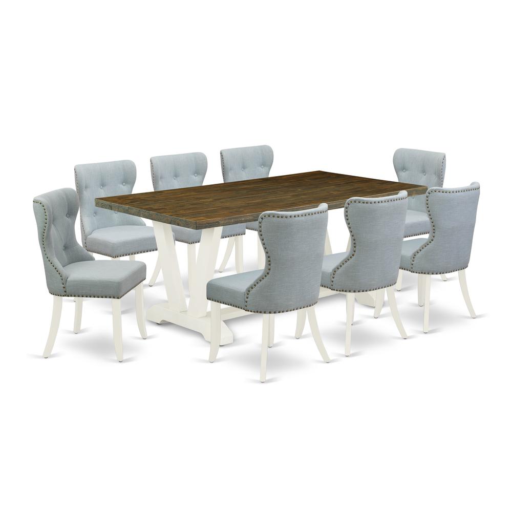 East West Furniture V077SI215-9 9-Pc Dinette Set- 8 Parson Dining Room Chairs with Baby Blue Linen Fabric Seat and Button Tufted Chair Back - Rectangular Table Top & Wooden Legs - Distressed Jacobean. Picture 1