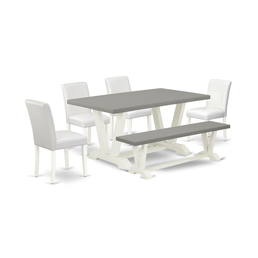 East West Furniture V096AB264-6 6-Piece Gorgeous Dining Set an Outstanding Cement Color Wood Table Top and Cement Color Bench and 4 Excellent Pu Leather Dining Room Chairs with Stylish Chair Back, Lin. Picture 1