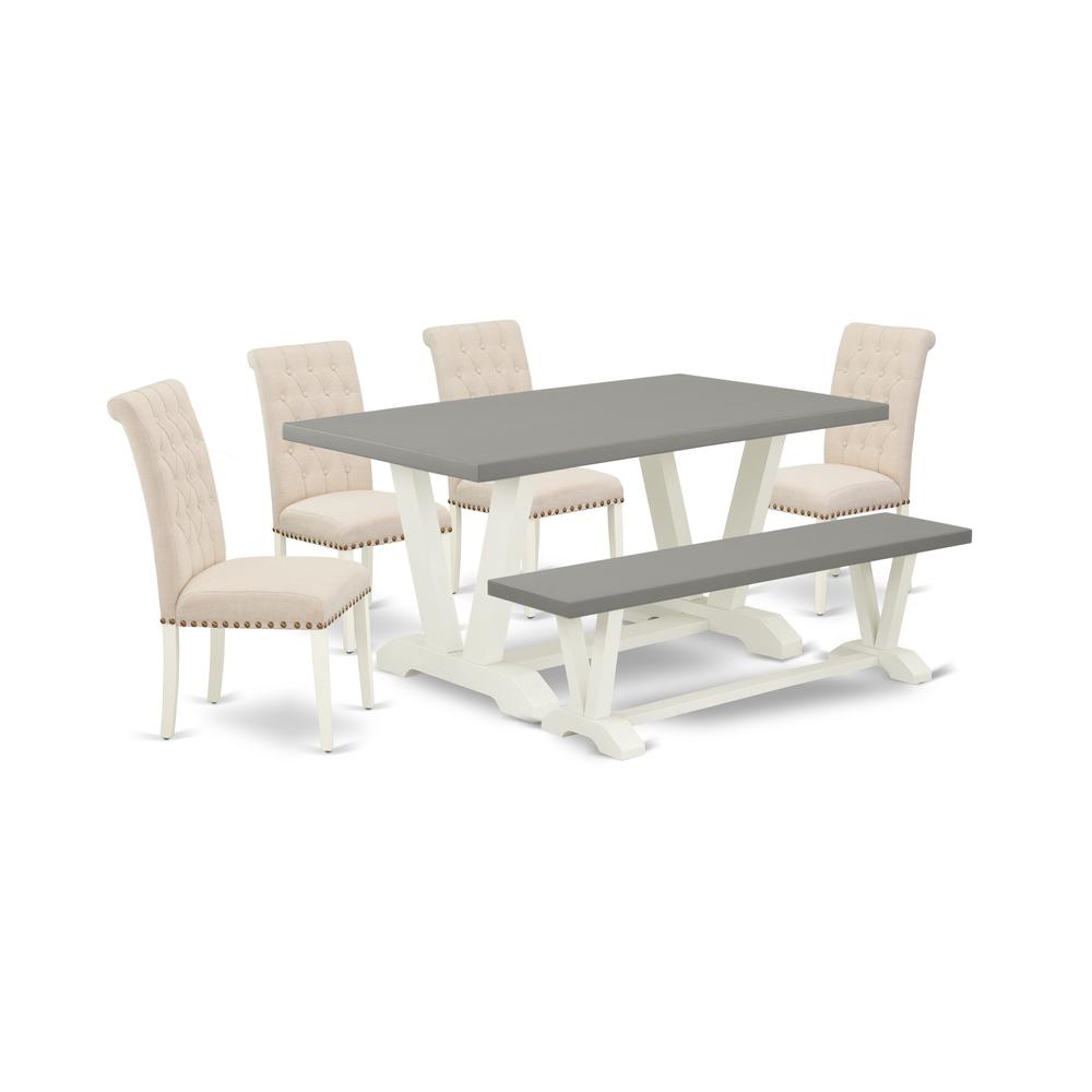 East West Furniture V096BR202-6 6-Piece Awesome kitchen table set an Outstanding Cement Color Modern Dining Table Top and Cement Color Dining Room Bench and 4 Wonderful Linen Fabric Kitchen Chairs wit. Picture 1