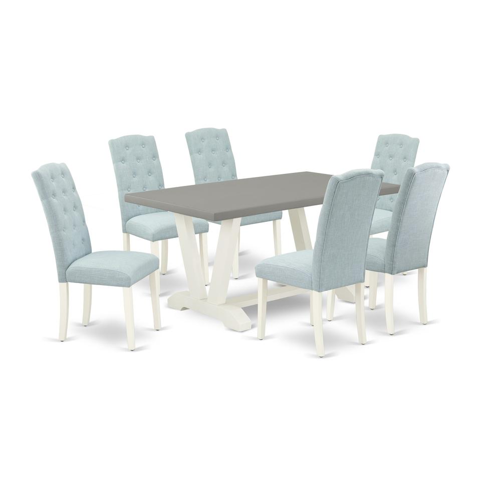 East West Furniture 7-Pc Modern Dining Set- 6 Dining Padded Chairs with Baby Blue Linen Fabric Seat and Button Tufted Chair Back - Rectangular Table Top & Wooden Legs - Cement and Linen White Finish. Picture 1