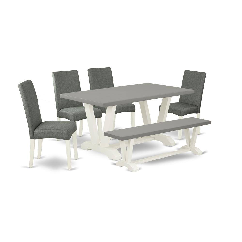 East West Furniture V096DR207-6 6-Pc Dinette Set - 4 Parson Chairs, a Mid Century Bench Cement Top and 1 Modern Cement Dining Room Table Top with High Chair Back - Linen White Finish. Picture 1