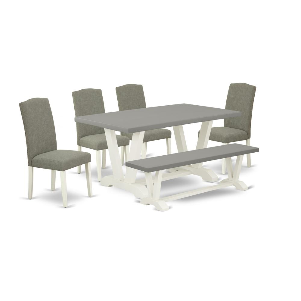 East West Furniture 6-Piece Gorgeous Dining Room Set a Great Cement Color Wood Dining Table Top and Cement Color Dining Room Bench and 4 Amazing Linen Fabric Parson Chairs with Nail Heads and Stylish. Picture 1